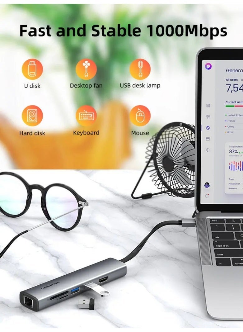 كابل تايم محول متعدد الاستخدامات 7 في 1: منفذ USB-C إلى منفذي USB 3.0 + منفذ HDMI يدعم دقة 4K بمعدل 60 هرتز + شحن سريع بقدرة 100 واط + منفذ بطاقة SD/TF 3.0 - Image 2